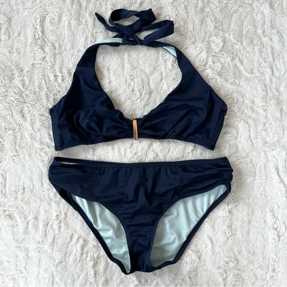 Victoria’s Secret Navy Blue Bikini Swimwear L XL Beach Top and Bottom